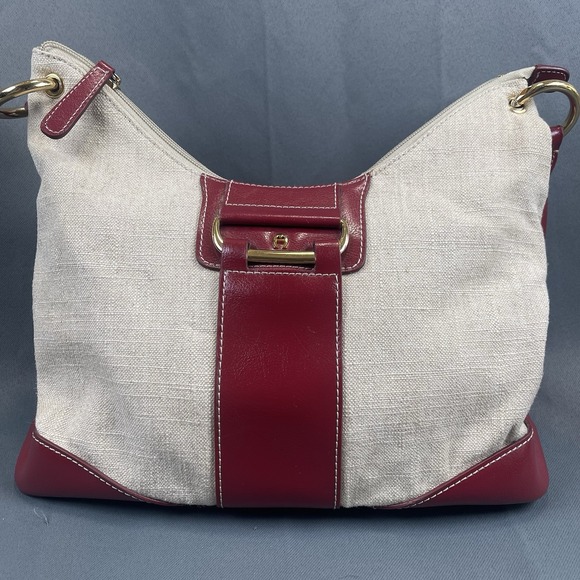 Etienne Aigner Red Beige Canvas Leather Trim Shoulder Bag - Picture 1 of 16